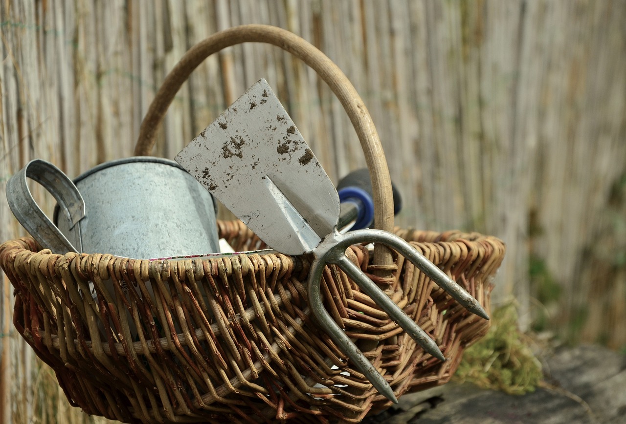 A bucket of different garden tools.